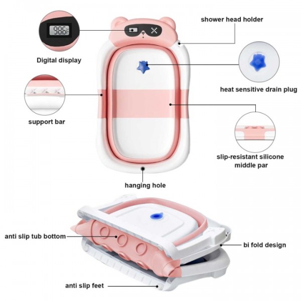stusgo Collapsible Baby Bathtub,baby Bath Tub with Soft Cushion & Thermometer(pink)