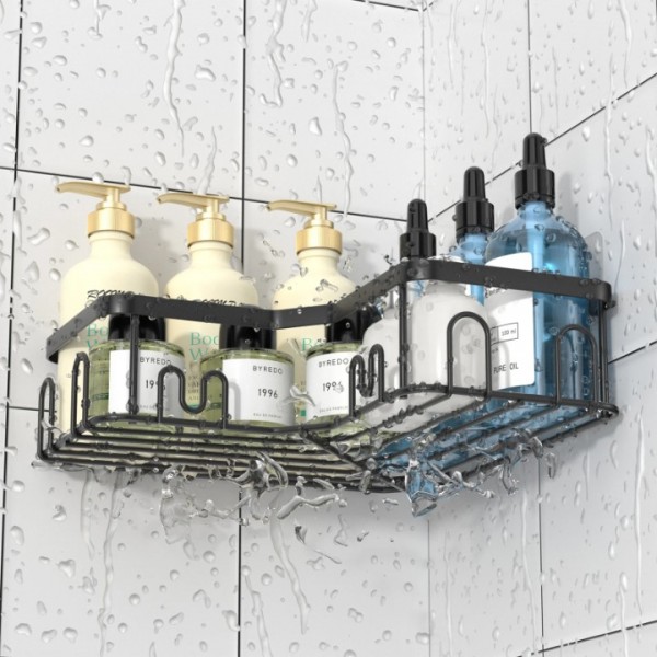 stusgo 3 Pack Corner Shower Caddy, Stainless Steel Corner Shower Shelf with 18 Hooks, Adhesive Shower Shelves Shower Organizer Corner for Bathroom Storage (Black)