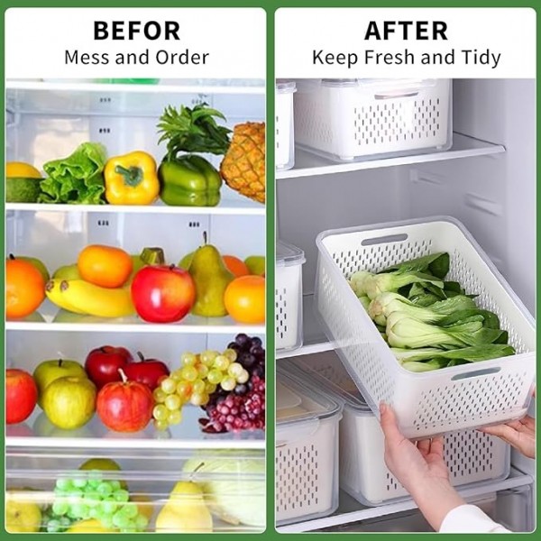 stusgo 5 PCS Double Decker Fruit Storage Containers for Fridge No BPA, food-grade freezer-sealed drained fruit containers for fridge keep fruit fresh for long periods of time and are machine washable