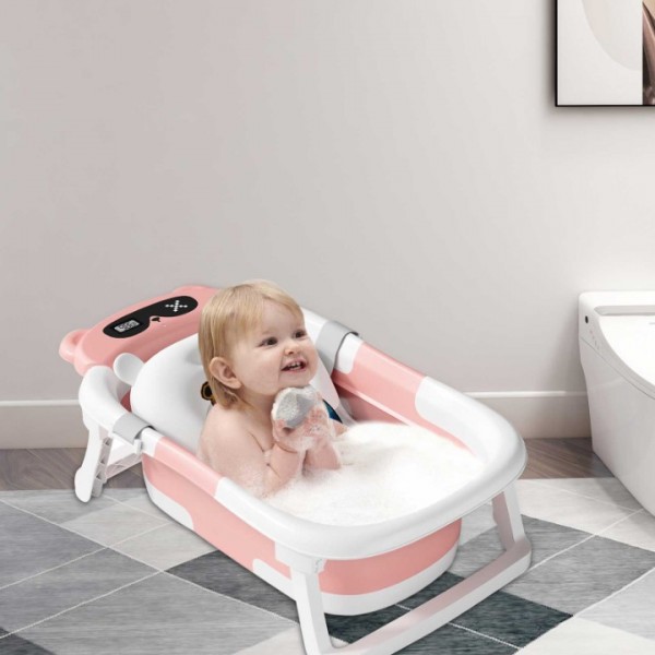 stusgo Collapsible Baby Bathtub,baby Bath Tub with Soft Cushion & Thermometer(pink)