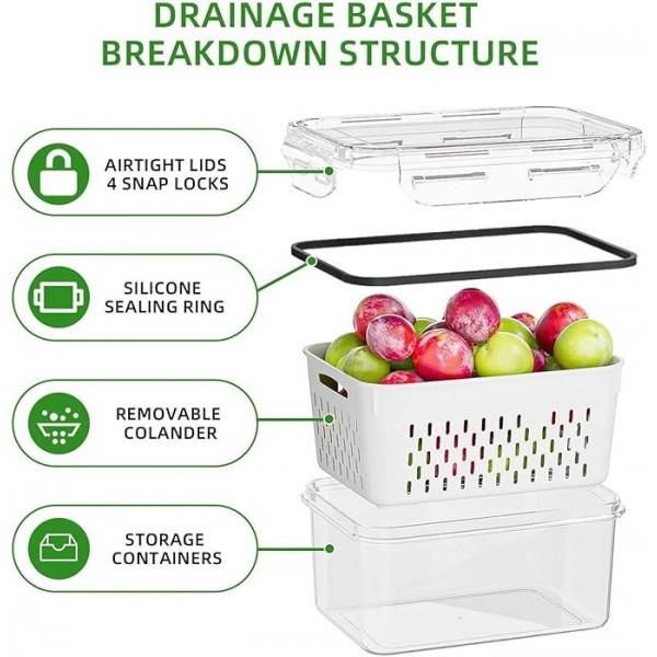 stusgo 5 PCS Double Decker Fruit Storage Containers for Fridge No BPA, food-grade freezer-sealed drained fruit containers for fridge keep fruit fresh for long periods of time and are machine washable