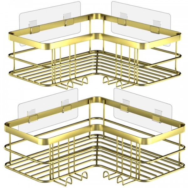 stusgo Corner Shower Caddy, Adhesive Shower Shelves No Drilling [2-Pack], Rustproof Stainless Steel Bathroom Shower Organizer with 8 Hooks, Shower Shelf for Inside Shower (Gold)