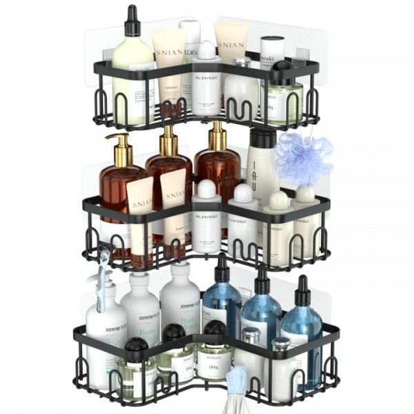 stusgo 3 Pack Corner Shower Caddy, Stainless Steel Corner Shower Shelf with 18 Hooks, Adhesive Shower Shelves Shower Organizer Corner for Bathroom Storage (Black)