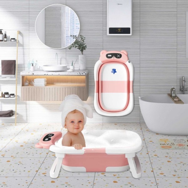 stusgo Collapsible Baby Bathtub,baby Bath Tub with Soft Cushion & Thermometer(pink)