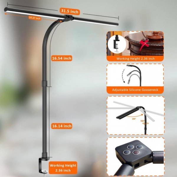 stusgo Best Desk Lights for Home Office，360 Adjustable Eye Office Desk Lamps for Home Office，5 Colors 25 Different Light Modes Home Office Light, Double Head Desk Lamp with AU Plug and Clamp