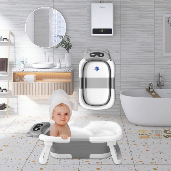 stusgo Collapsible Baby Bathtub,baby Bath Tub with Soft Cushion & Thermometer(grey)