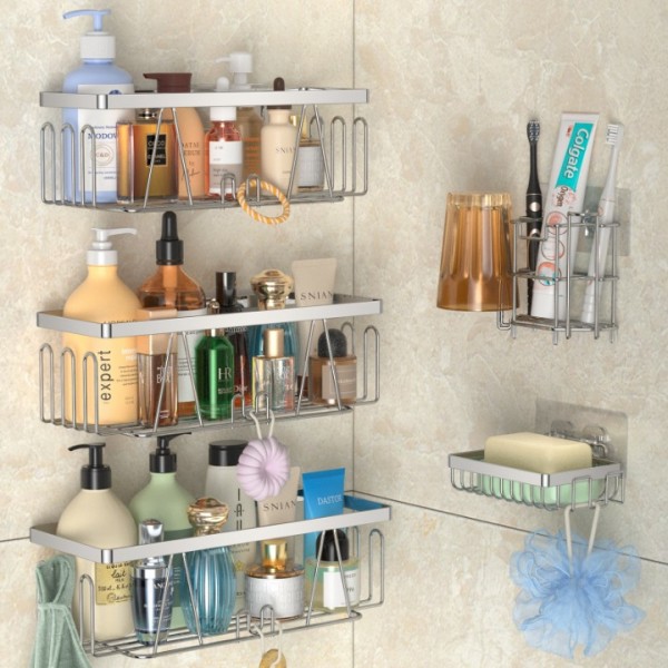 stusgo Adhesive Shower Shelf, 5 Pack Shower Caddy with Soap Holder and Toothbrush Holder, Drill-Free Shower Shelves, Rustproof Stainless Steel Bathroom Shower Caddy,Silver