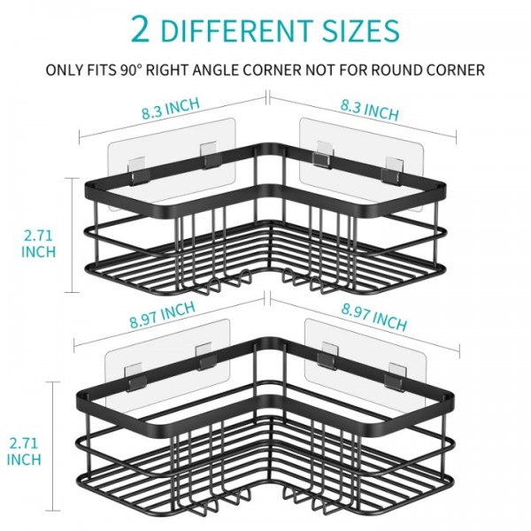stusgo Corner Shower Caddy 2 Pack, Bathroom Shower Organizer Shelves, No Drilling Corner Shower Shelves Shampoo Holder with 8 Hooks and 6 Adhesives (Black)