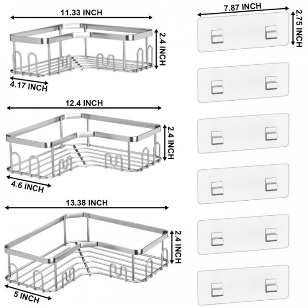 stusgo 3 Pack Corner Shower Caddy, Corner Shower Shelf with 18 Hooks, Stainless Steel Adhesive Shower Organizer Corner Shower Shelves for Bathroom Storage (Silver)
