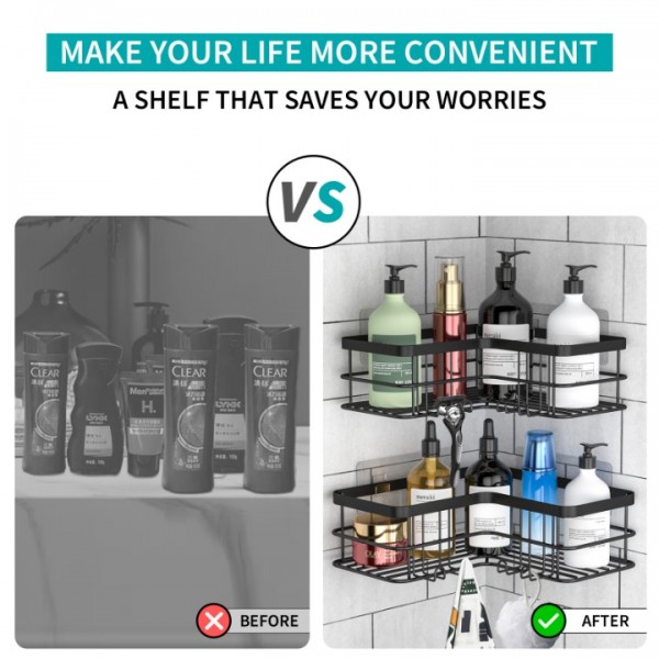 stusgo Corner Shower Caddy 2 Pack, Bathroom Shower Organizer Shelves, No Drilling Corner Shower Shelves Shampoo Holder with 8 Hooks and 6 Adhesives (Black)