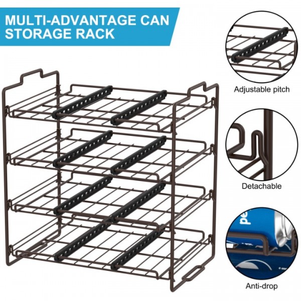 4 Tiers Stackable Can Rack Organizer, Wear-resistant Upgrade Beverage Food Can Dispenser Holder Holds up to 48 Cans for Kitchen Cabinet and Pantry (Brown)