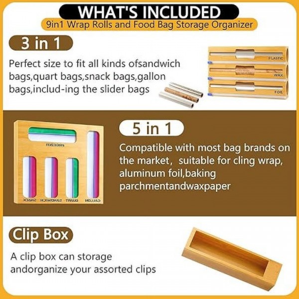 stusgo 9-in-1 Bamboo Foil and Plastic Wrap Organizer，Suitable for cling film, aluminium foil, baking parchment and Wax Paper。Can also be Turned Into Foil and Plastic Wrap Organizer Wall Mount