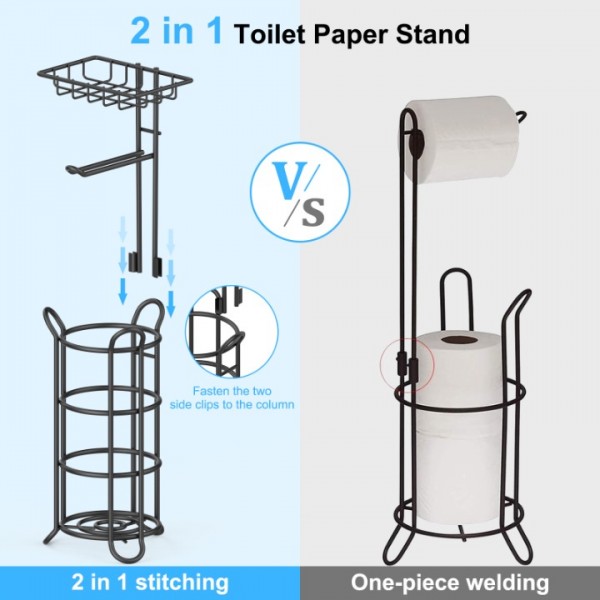 stusgo Upgraded Toilet Paper Holder Free Standing, Upgraded Portable Stainless Steel Toilet Paper Roll Storage Rack, Toilet Paper Roll Dispenser with Top Storage Shelf for Bathroom (Black)