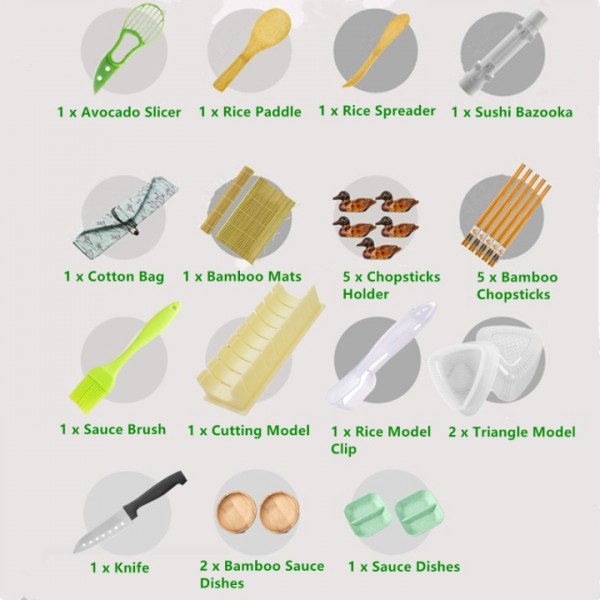 stusgo 27pcs Sushi Making Kits,DIY Sushi Makers Kit Tools for Beginners and Professionals Gift，sushi set with Bamboo Sushi Rolling Mat Set, sushi mold, Two-Compartment Spice Plate, Knife, Chopsticks