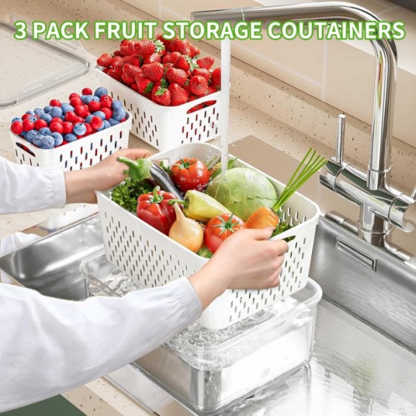 stusgo 3 PCS Double Decker Fruit Storage Containers for Fridge No BPA, food-grade freezer-sealed drained fruit containers for fridge keep fruit fresh for long periods of time and are machine washable