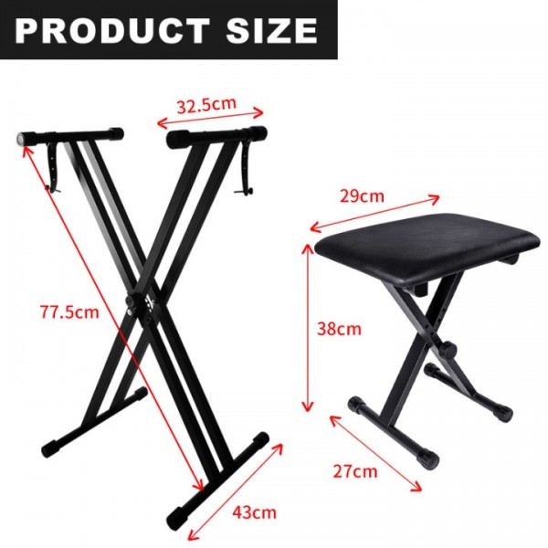 stusgo Keyboard Stand and Bench Pak，Double X Keyboard Stand Adjustable and Portable Digital Piano Stand with Locking Chain，Suitable for 61-key 88-key Racks