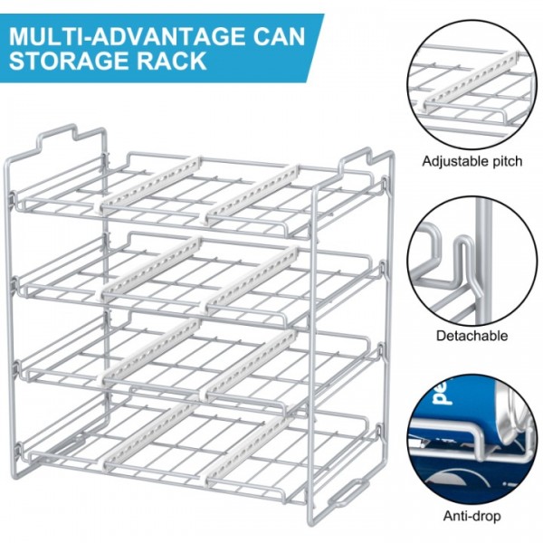 4 Tiers Stackable Can Rack Organizer, Wear-resistant Upgrade Beverage Food Can Dispenser Holder Holds up to 48 Cans for Kitchen Cabinet and Pantry (Silver)