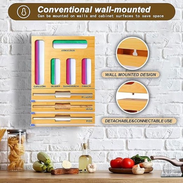 stusgo 9-in-1 Bamboo Foil and Plastic Wrap Organizer，Suitable for cling film, aluminium foil, baking parchment and Wax Paper。Can also be Turned Into Foil and Plastic Wrap Organizer Wall Mount