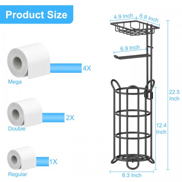 stusgo Upgraded Toilet Paper Holder Free Standing, Upgraded Portable Stainless Steel Toilet Paper Roll Storage Rack, Toilet Paper Roll Dispenser with Top Storage Shelf for Bathroom (Black)