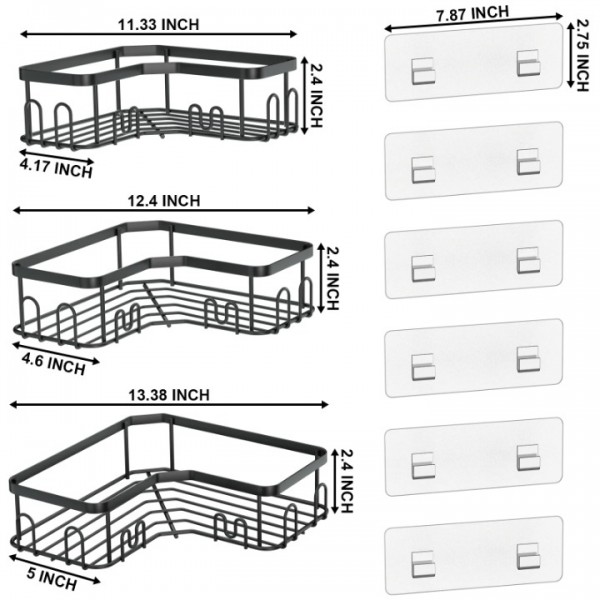 stusgo 3 Pack Corner Shower Caddy, Stainless Steel Corner Shower Shelf with 18 Hooks, Adhesive Shower Shelves Shower Organizer Corner for Bathroom Storage (Black)