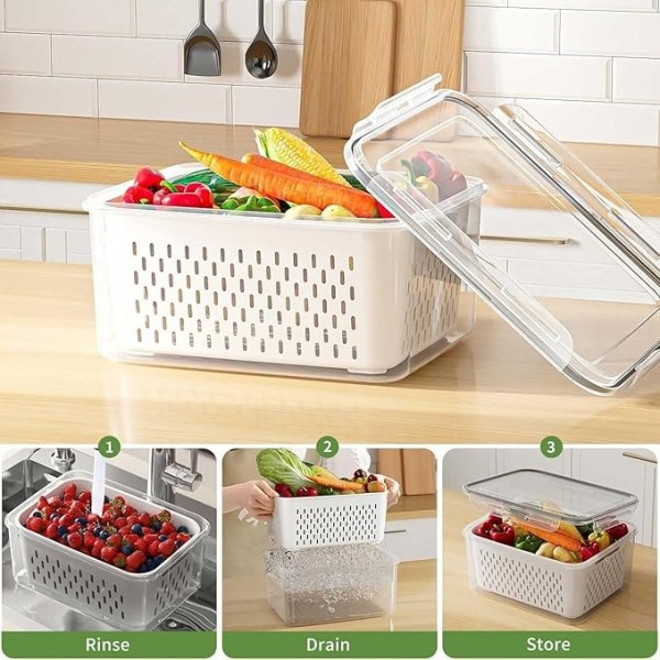 stusgo 5 PCS Double Decker Fruit Storage Containers for Fridge No BPA, food-grade freezer-sealed drained fruit containers for fridge keep fruit fresh for long periods of time and are machine washable
