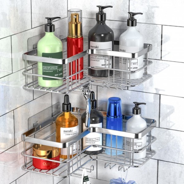 stusgo Corner Shower Caddy 2 Pack, Bathroom Shower Organizer Shelves, No Drilling Corner Shower Shelves Shampoo Holder with 8 Hooks and 6 Adhesives (Silver)