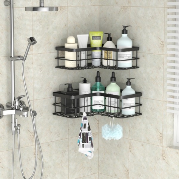stusgo Corner Shower Caddy 2 Pack, Bathroom Shower Organizer Shelves, No Drilling Corner Shower Shelves Shampoo Holder with 8 Hooks and 6 Adhesives (Black)