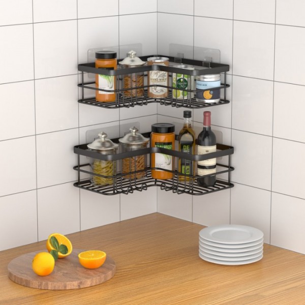 stusgo Corner Shower Caddy 2 Pack, Bathroom Shower Organizer Shelves, No Drilling Corner Shower Shelves Shampoo Holder with 8 Hooks and 6 Adhesives (Black)