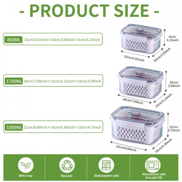 stusgo 3 PCS Double Decker Fruit Storage Containers for Fridge No BPA, food-grade freezer-sealed drained fruit containers for fridge keep fruit fresh for long periods of time and are machine washable