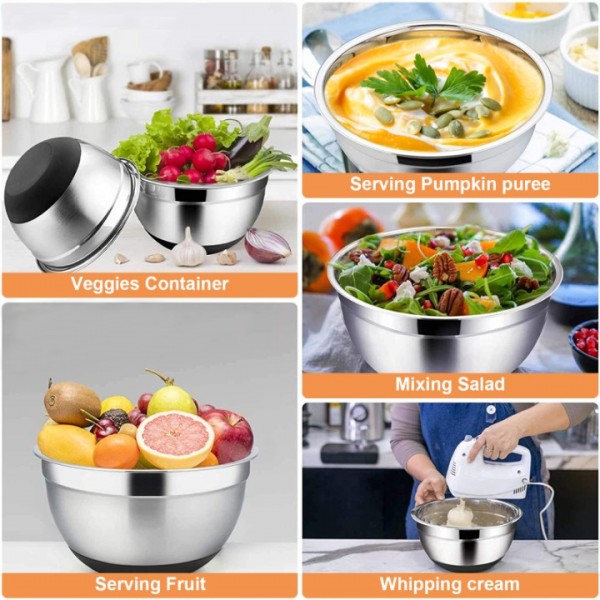 stusgo 6 Pcs Mixing Bowls with Lids,Stainless Steel Mixing Bowls with 3 Grater Attachments,Non-Slip Bottoms,Kitchen Utensils,Mixing Bowl Set for Kitchen Mixing Baking Prepping Cooking Serving,Black