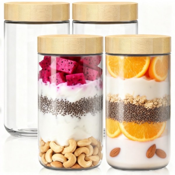 stusgo 4 Pack 24 Oz Glass Overnight Oats Containers with Bamboo Lids, Glass Overnight Oats Jars