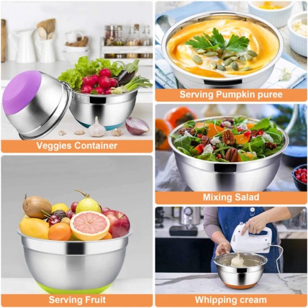stusgo 6 Pcs Mixing Bowls with Lids,Stainless Steel Mixing Bowls,Colorful Non-Slip Bottoms,Including Kitchen Utensils,Mixing Bowl Set for Kitchen Mixing Baking Prepping Cooking Serving