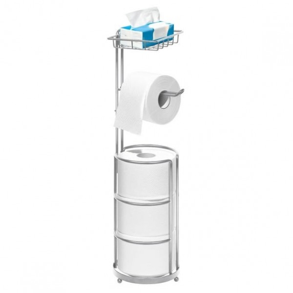 stusgo Free Standing Toilet Paper Holder with Storage, Detachable Toilet Paper Roll Holder Stand with Shelf, Holds 4 Mega Rolls, Modern Bathroom Tissue Holder, Silver