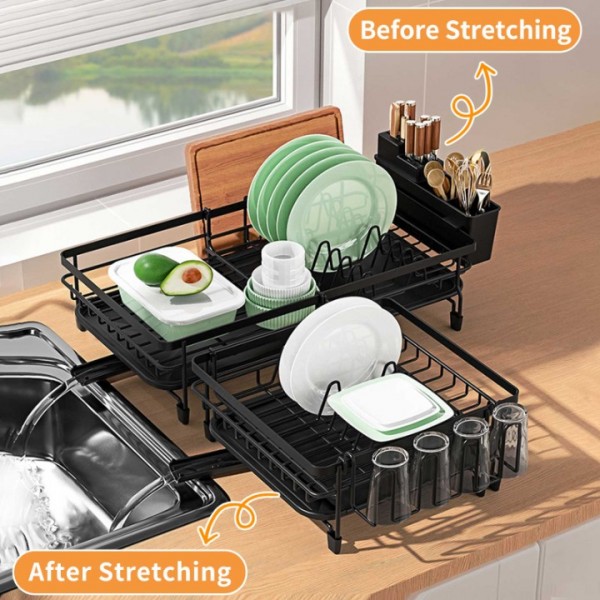 stusgo Retractable Over The Sink Dish Drying Rack with Drainage, Stainless Steel Large Multi-Functional Cutlery Rack, Kitchen Counter Organized Single-Layer Black Rust-Proof Cutlery Rack