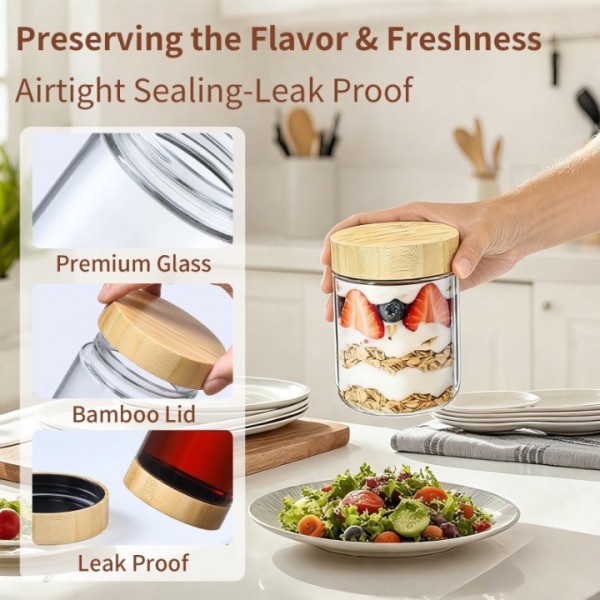 stusgo 4 Pack 16 Oz Glass Overnight Oats Containers with Bamboo Lids, Glass Overnight Oats Jars