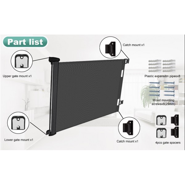 stusgo Retractable Baby Gate 33"x55"- Safety Mesh Baby Gate/Dog Gate, 33inch Tall and Extends up to 55inch Wide for Stairs, Doorways, Hallways, Banisters Indoor and Outdoor (Black)