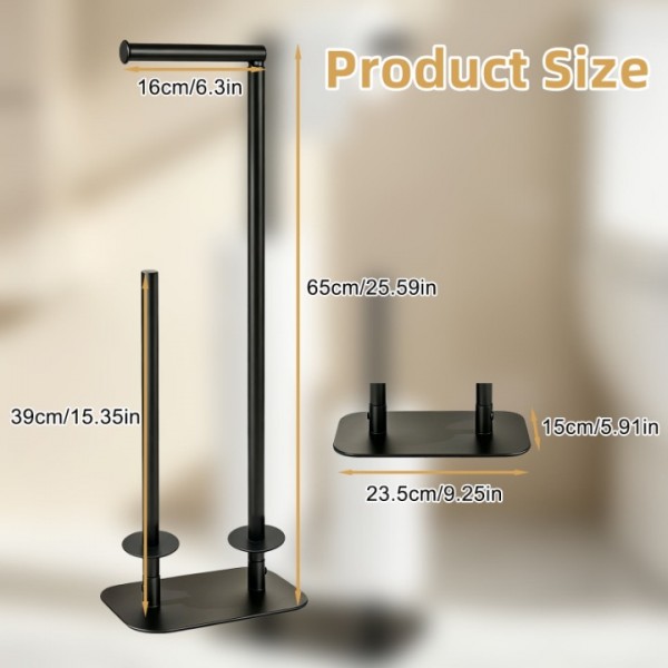 stusgo 2-in-1 Freestanding Toilet Paper Holders, Black Stainless Steel Toilet Tissue Roll Storage Stand with Reserve for Bathroom, Fits Standard & Mega Rolls（Black）