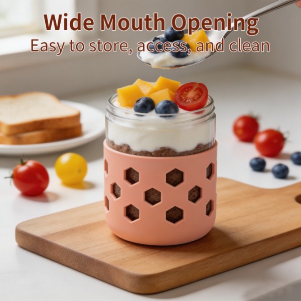 stusgo 6 Pack 16 Oz Glass Overnight Oats Containers with Lids and Silicone Sleeves, Glass Mason Jars