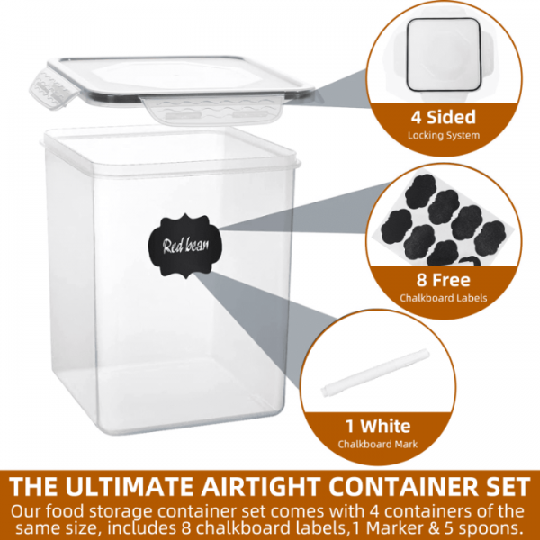 stusgo 4 Pcs 5.2L/183Oz Square Airtight Cereal Container Flour Storage with Lids, Plastic Kitchen and Organization Canisters for Cereal, Includes Spoons, Labels and a Pen