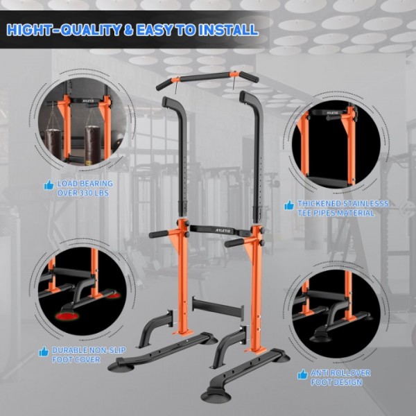 Power Tower Pull Up Bar and Dip Station, 165-210cm Multifunctional Adjustable Height Home Gym Equipment for Strength Training Fitness, Free Standing Workout Station Max Load 250KG （Orange ）