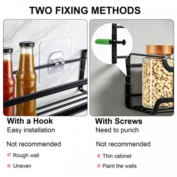 stusgo 4-Tier Spice Rack Organizer for Cabinet Door, Wall Mount with Adhesive or Screws, Black