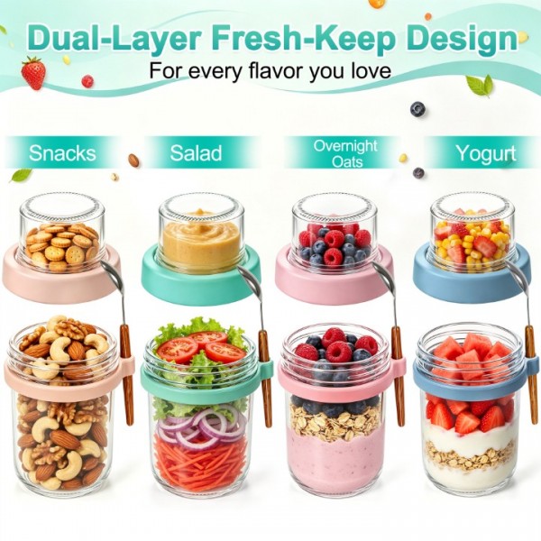 stusgo 2 Pack Glass Overnight Oats Containers with Lids & Spoons, 20oz Leakproof Meal Prep Jars for Yogurt, Granola, Salad, Portable & Dishwasher Safe