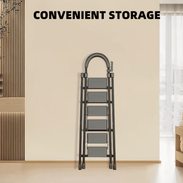 stusgo 6 Step Steel Ladder Folding Step Stool with Tool Holder for Easy Use-Black