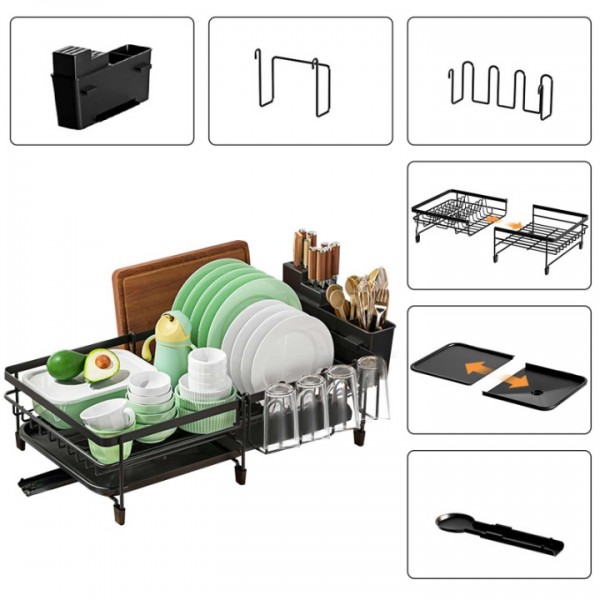 stusgo Retractable Over The Sink Dish Drying Rack with Drainage, Stainless Steel Large Multi-Functional Cutlery Rack, Kitchen Counter Organized Single-Layer Black Rust-Proof Cutlery Rack