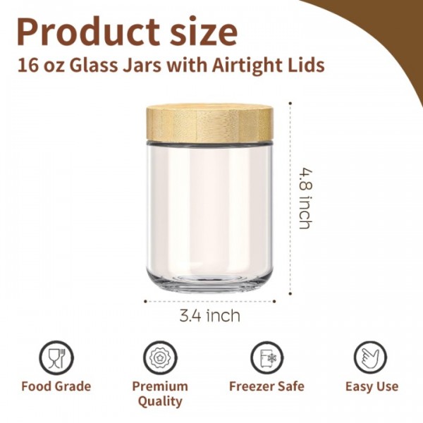 stusgo 4 Pack 16 Oz Glass Overnight Oats Containers with Bamboo Lids, Glass Overnight Oats Jars