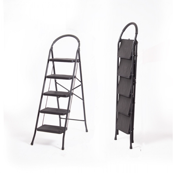 stusgo 5 Step Steel Ladder Folding Step Stool with Tool Holder for Easy Use-Black
