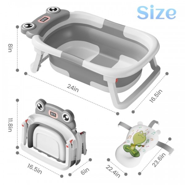 stusgo Collapsible Baby Bathtub, Plastic Frog Baby Bath Tub with Soft Cushion & Thermometer（Grey）