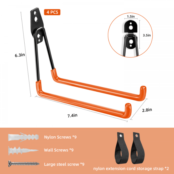 stusgo 4 Pack Garage Hooks Heavy Duty, Wall Mount Tool Organizer for Hanging Garden Tools, Ladders and Bulky Items (Orange)