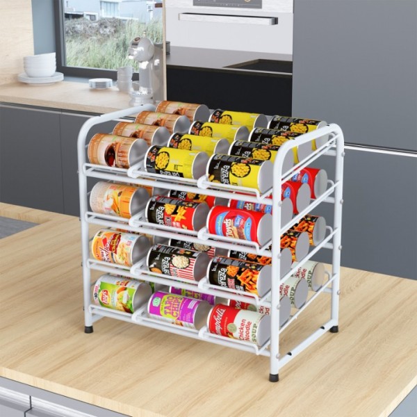 4 Tiers Stackable Can Rack Organizer, Wear-resistant Upgrade Beverage Food Can Dispenser Holder Holds up to 48 Cans for Kitchen Cabinet and Pantry (White)