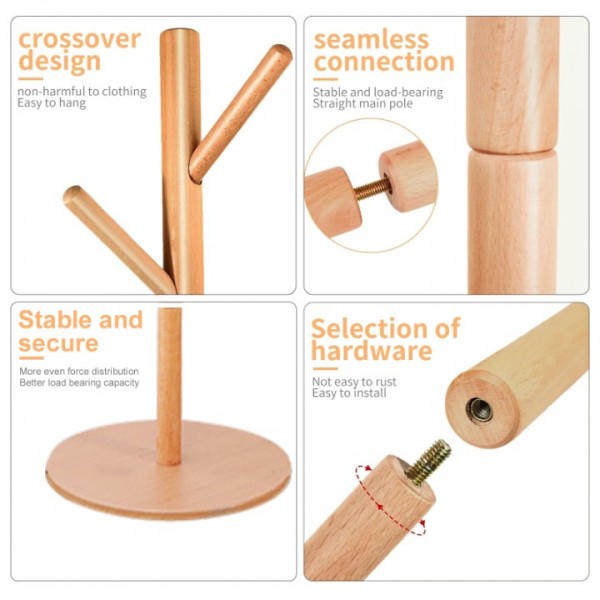 stusgo Coat Rack Freestanding,Wooden Coat Tree with 8 Hooks and 3 Adjustable Section Height （Round Base，Log）